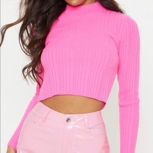 PLT Hot Pink High Neck Knitted Rib Top